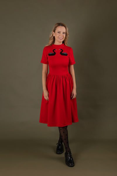 Red viscose dress with black swan embroidery