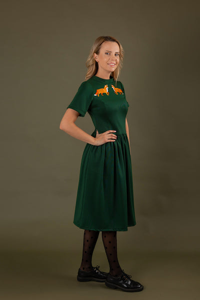 Forest Green viscose dress with fox embroidery