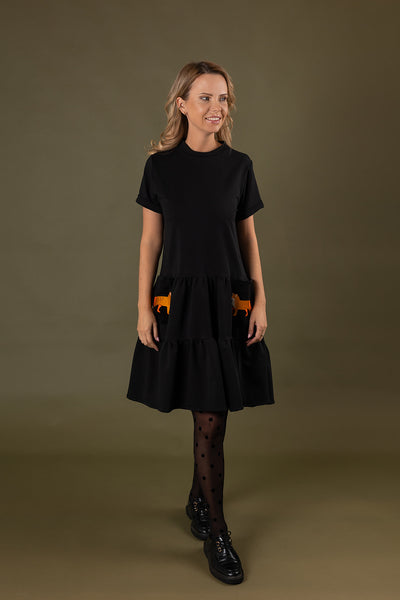 Black viscose knitted dress with velvet pockets, fox embroidery