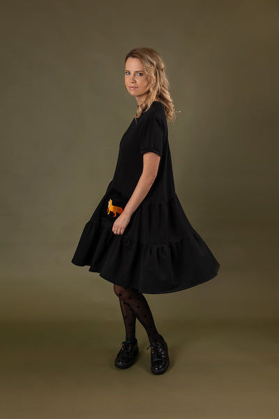 Black viscose knitted dress with velvet pockets, fox embroidery