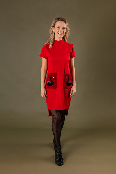 Red viscose  dress with velvet pockets and black swan embroidery