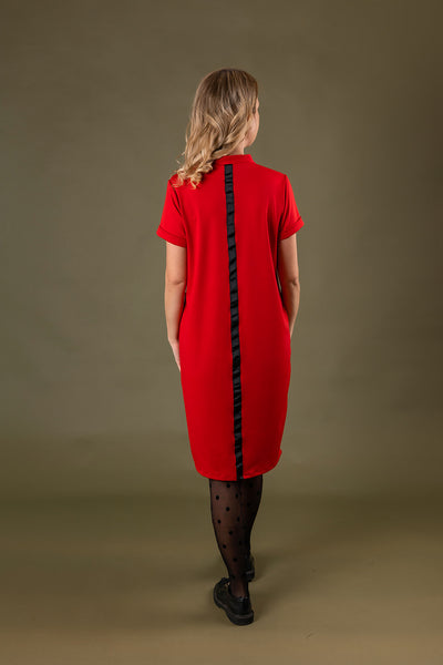 Red viscose  dress with velvet pockets and black swan embroidery