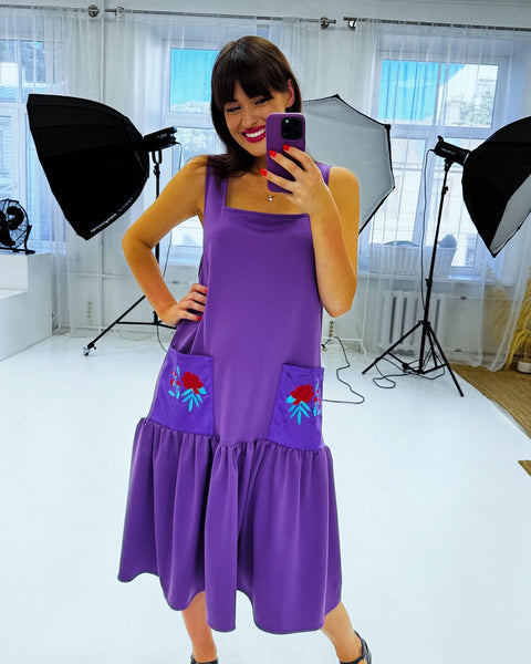 Purple viscose dress with peony embroidery