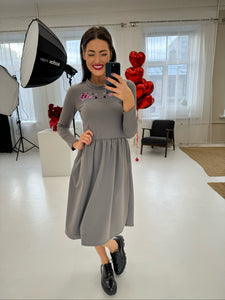 Gray dress with Peony embroidery/ Long sleeve