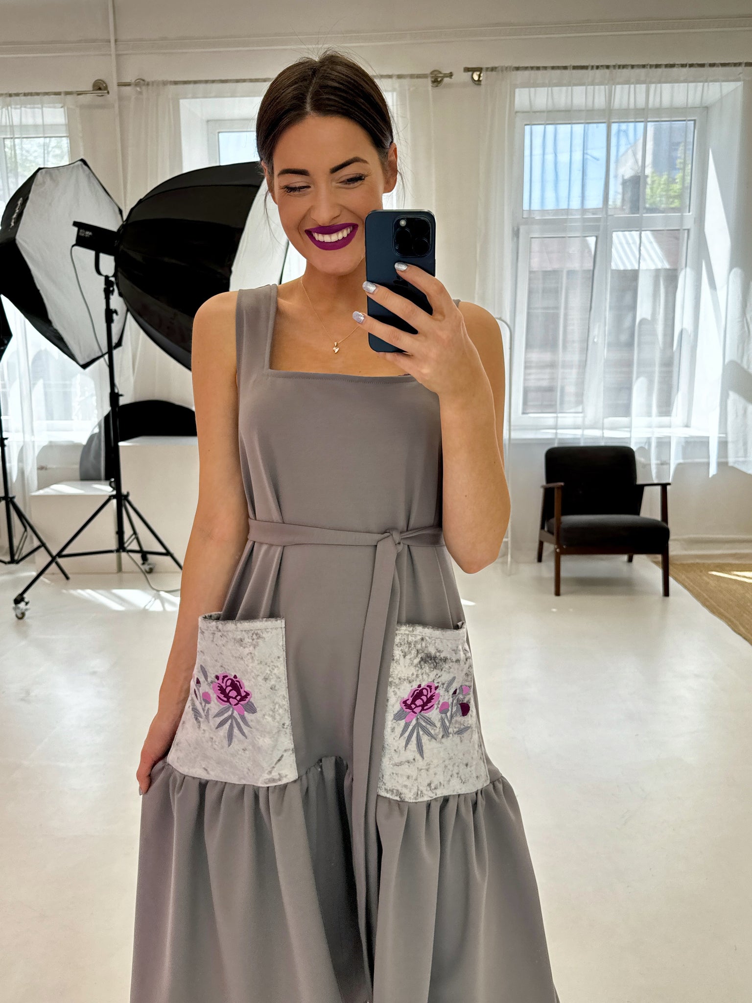 Gray dress with peony embroidery