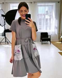 Gray dress with peony embroidery/ trapeze