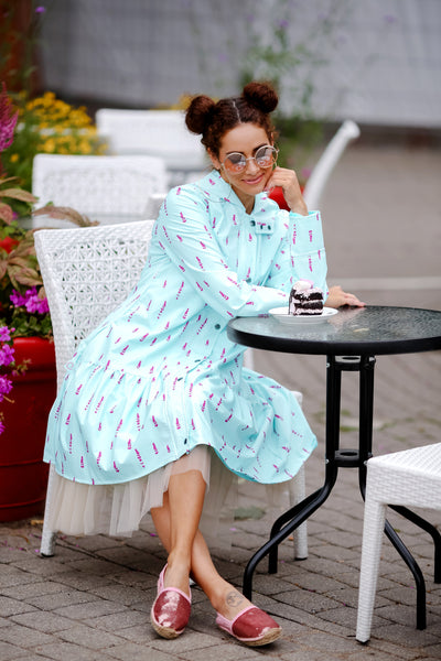 Mint Green Sosftshell raincoat with lavender print / Trapeze