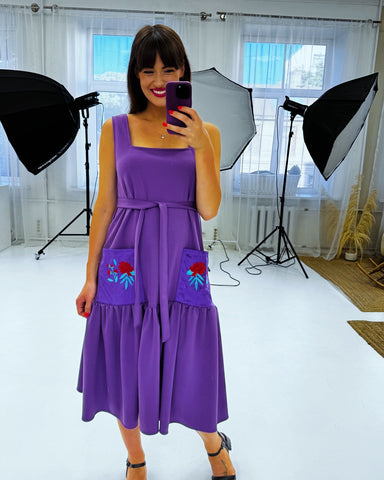 Purple viscose dress with peony embroidery