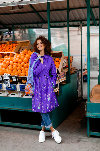 Purple raincoat with Cyclamen printed skirt / Dress cut