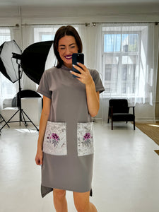 Gray dress with peony embroidery/ T-shirt cut