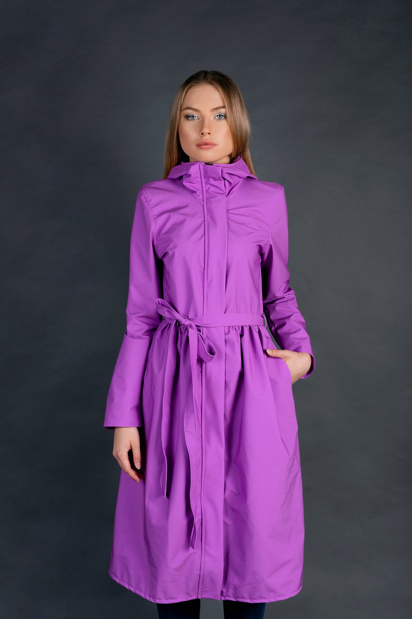 Purple-Pink Softshell Raincoat with belt / Long skirt