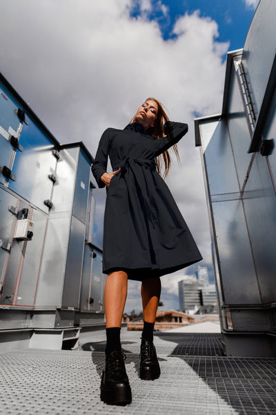 Black Softshell Raincoat with Belt / Long skirts