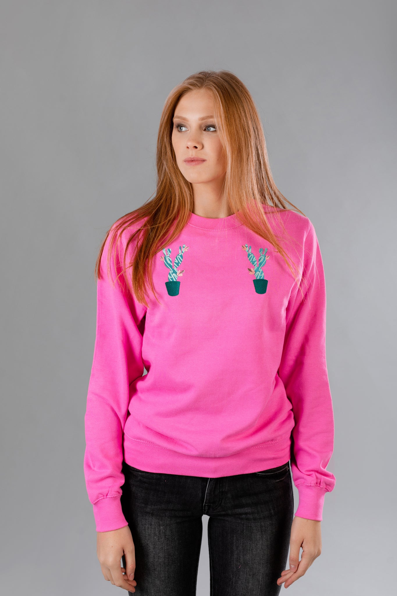 Candy Pink Sweater with Cactus embroidery