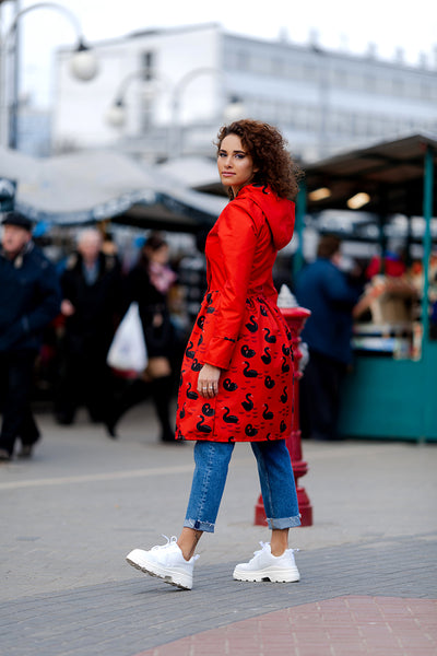 Red raincoat with Black Swans printed skirts /  Dress cut