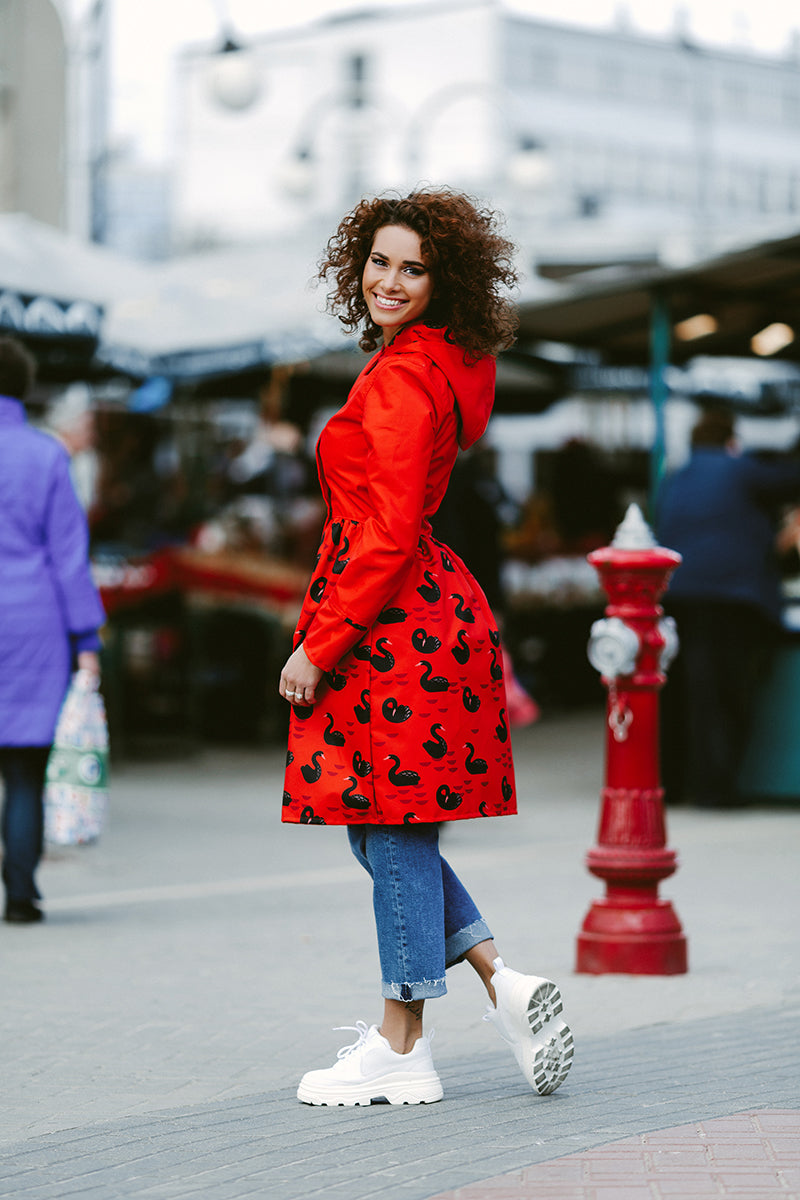 Red raincoat with Black Swans printed skirts /  Dress cut