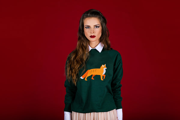 Forest Green Sweater with Fox embroidery