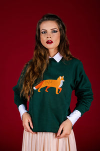 Forest Green Sweater with Fox embroidery