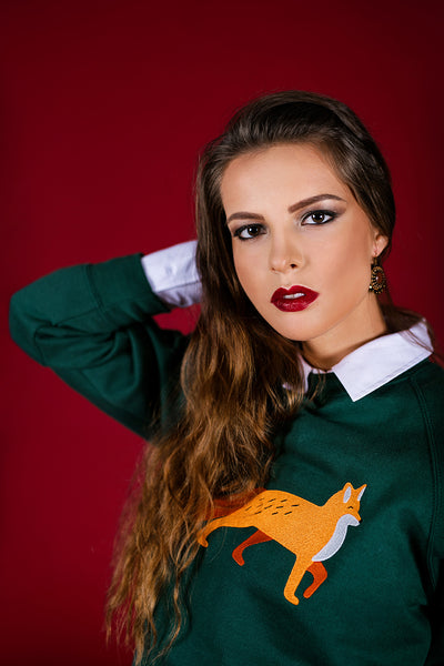 Forest Green Sweater with Fox embroidery