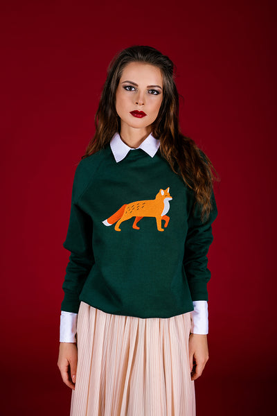 Forest Green Sweater with Fox embroidery