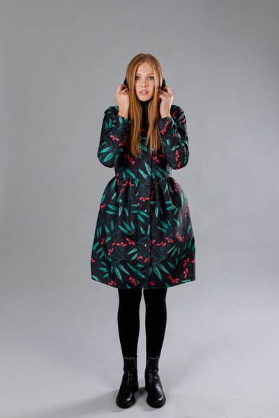 Black raincoat with Rowan Print / Red berries