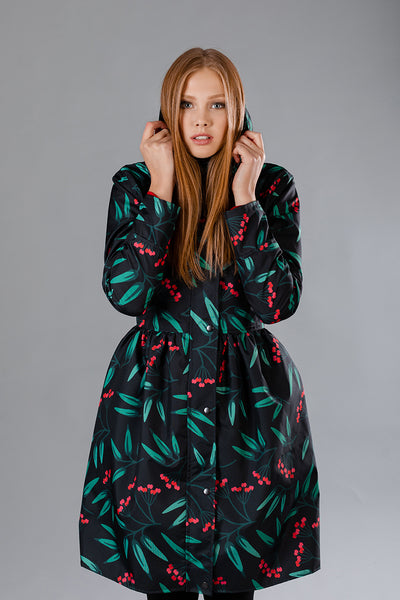 Black raincoat with Rowan Print / Red berries