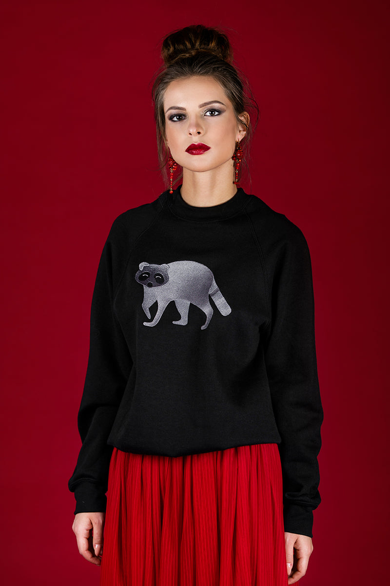 Black Sweater with Raccoon embroidery