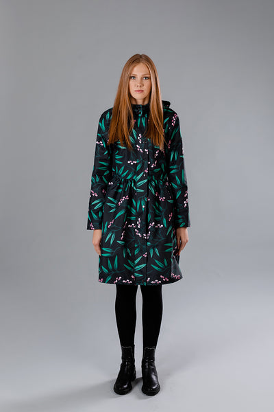 Black raincoat with Rowan print / Pink berries / Dress cut