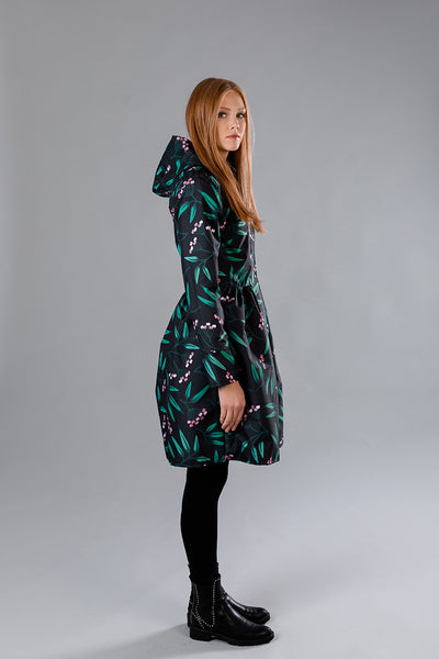 Black raincoat with Rowan print / Pink berries / Dress cut