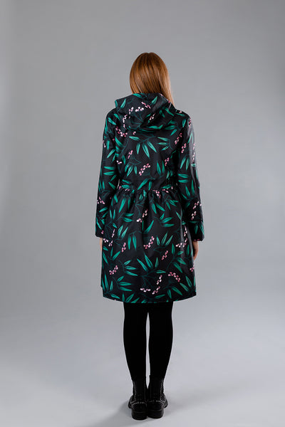 Black raincoat with Rowan print / Pink berries / Dress cut