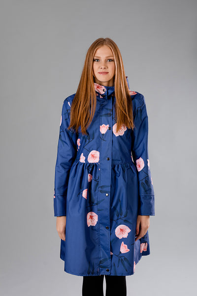 Blue raincoat with Flower print / Dress cut