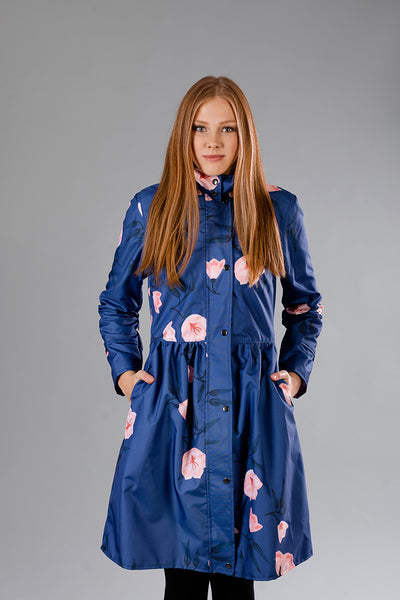 Blue raincoat with Flower print / Dress cut