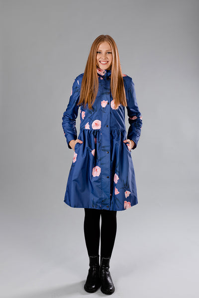 Blue raincoat with Flower print / Dress cut