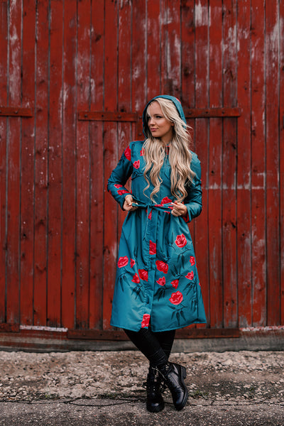 Gray - Green Sosftshell raincoat with Red Flower Print / Long skirt