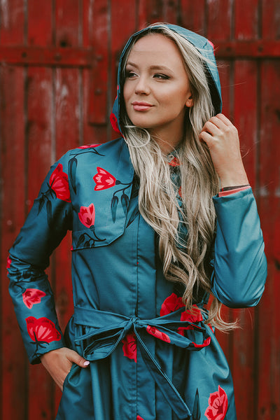 Gray - Green Sosftshell raincoat with Red Flower Print / Long skirt