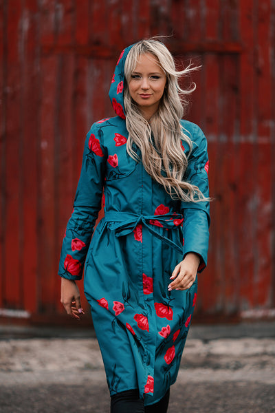 Gray - Green Sosftshell raincoat with Red Flower Print / Long skirt