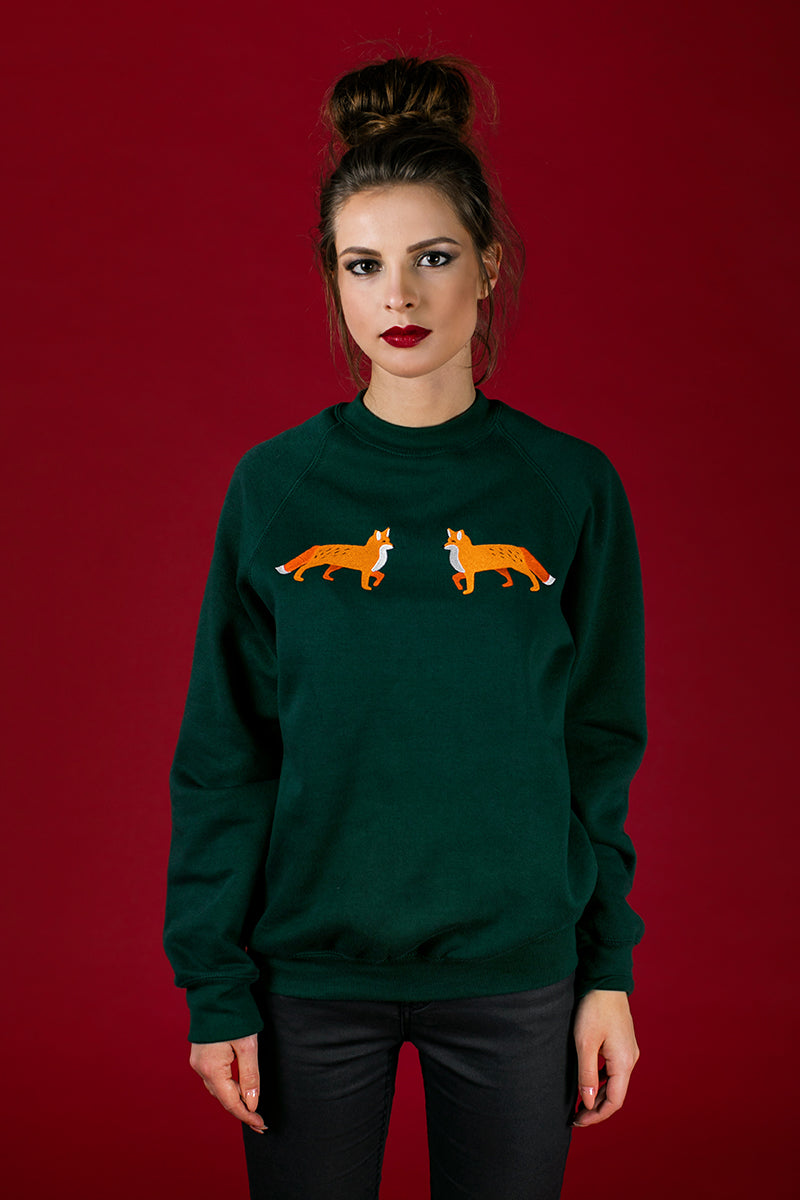 Forest Green Sweater with Foxes embroidery