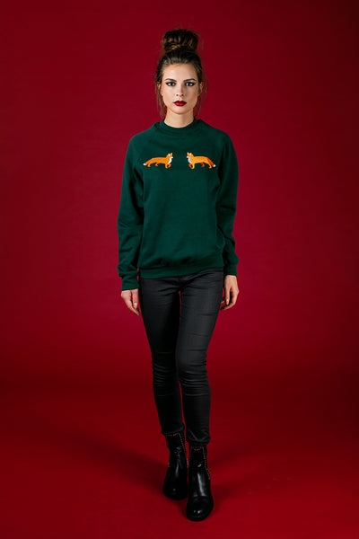 Forest Green Sweater with Foxes embroidery