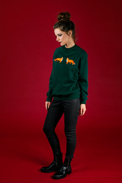 Forest Green Sweater with Foxes embroidery