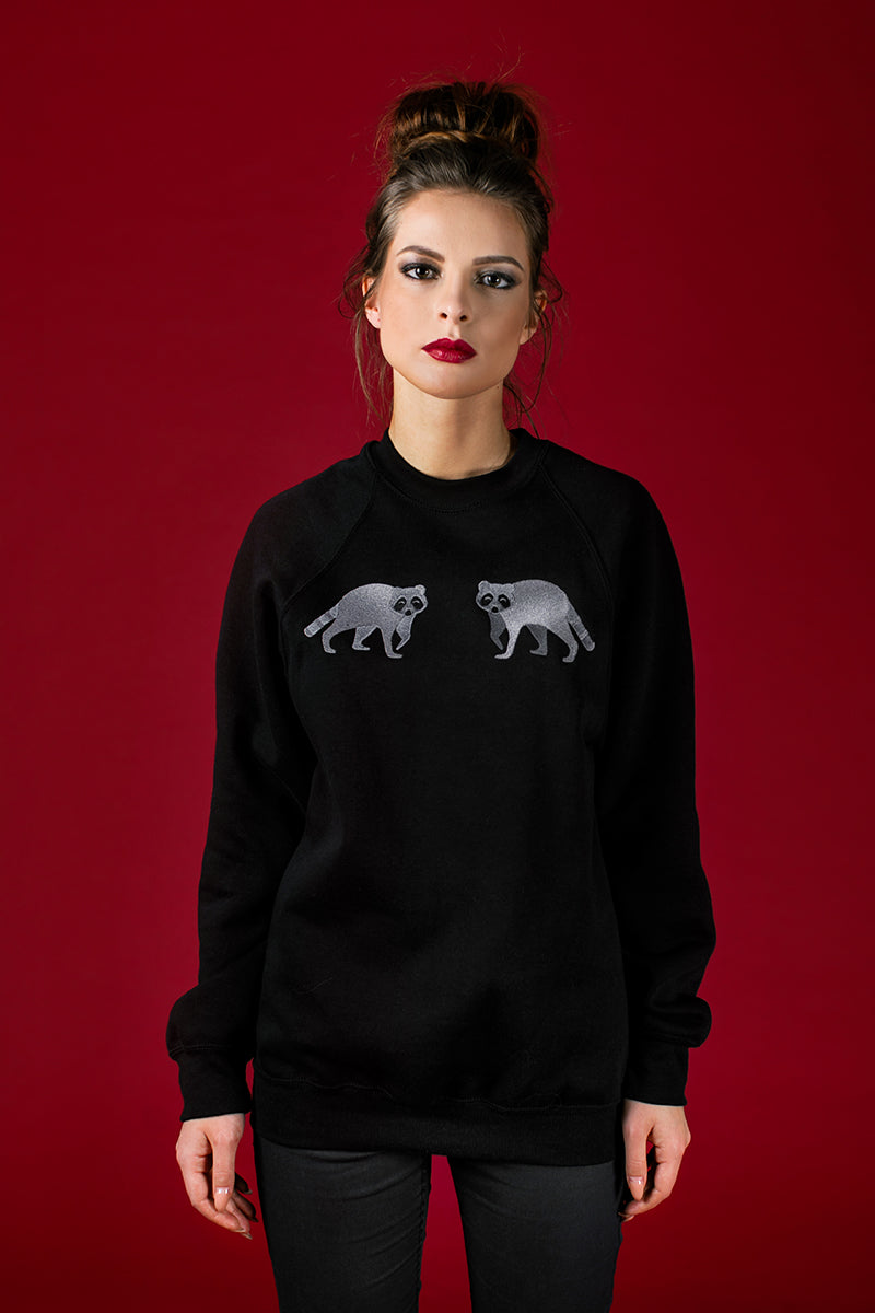 Black Sweater with Raccons embroidery