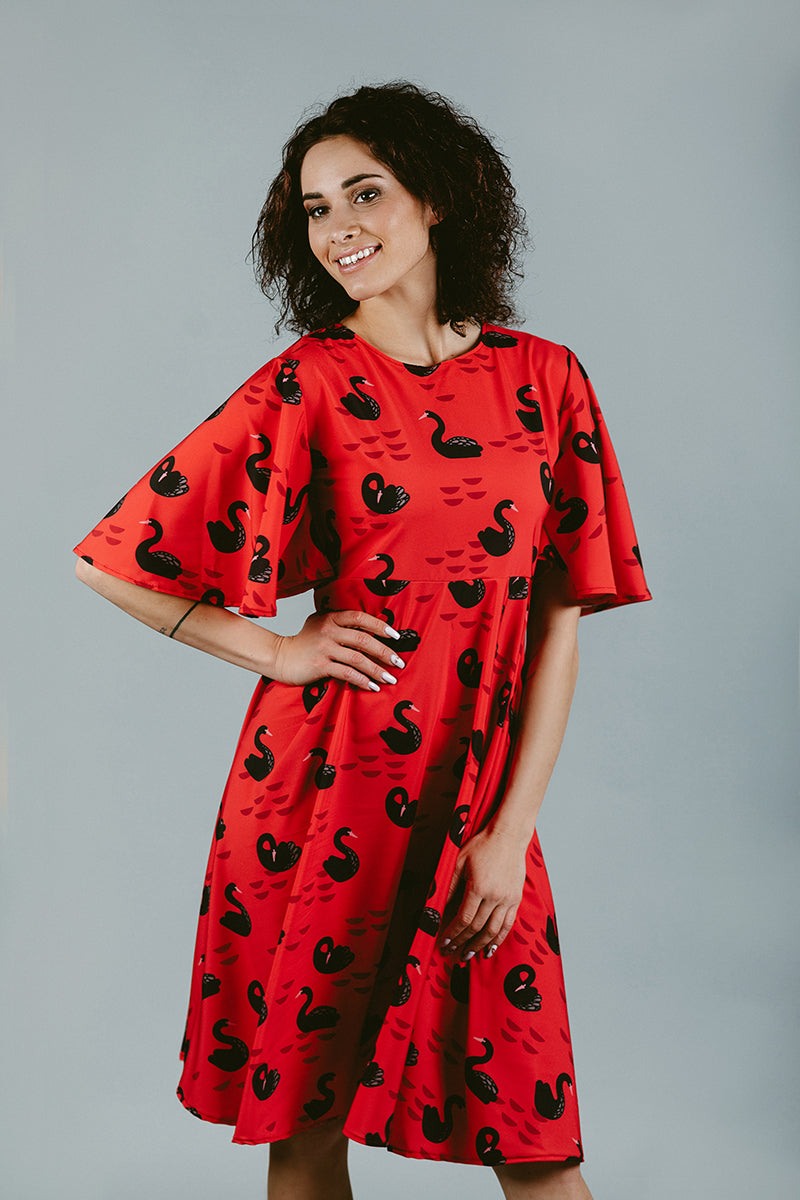 Red Dress with Swan Print