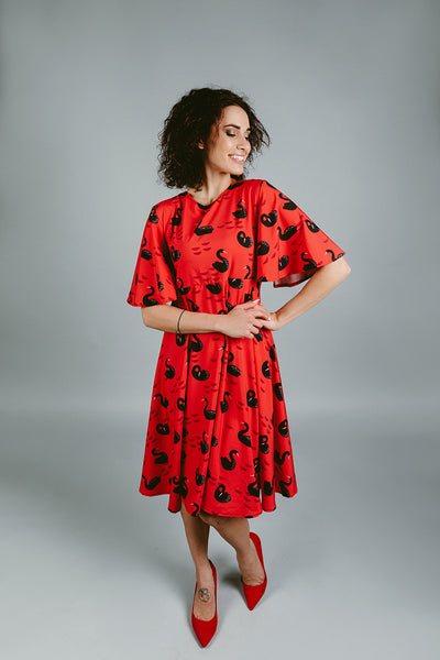 Red Dress with Swan Print