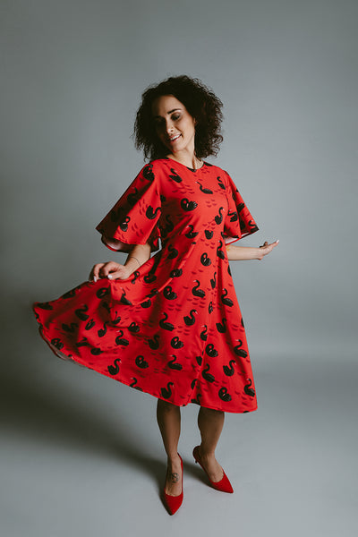 Red Dress with Swan Print