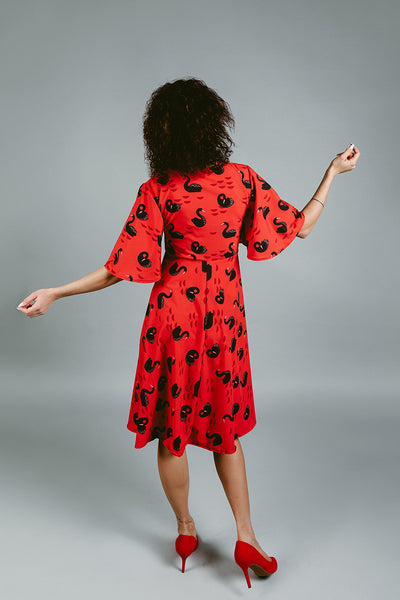 Red Dress with Swan Print