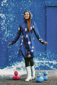 Blue raincoat with Flower print / Dress cut