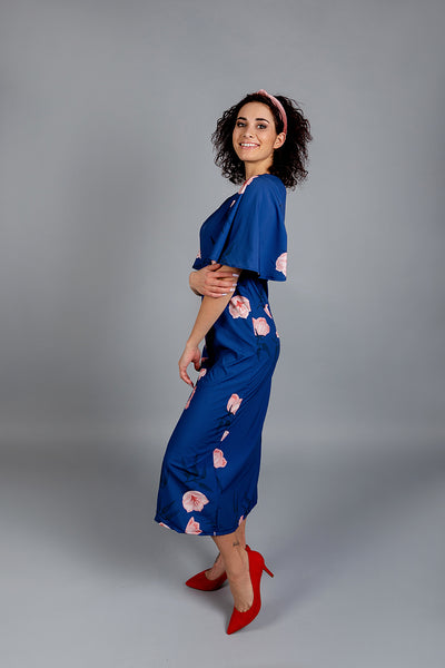 Dress with Flower Print / Blue / Long