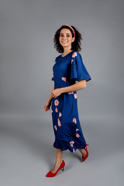 Dress with Flower Print / Blue / Long