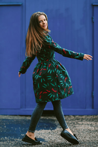 Black raincoat with Rowan Print / Red berries