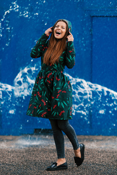 Black raincoat with Rowan Print / Red berries