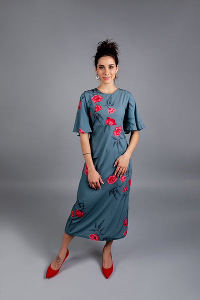 Gray Green dress with Flower print / Long