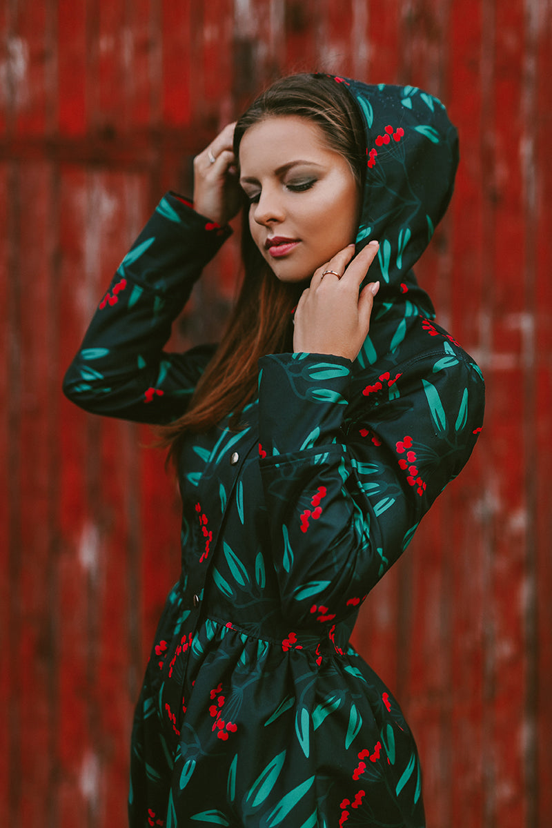 Black raincoat with Rowan Print / Red berries